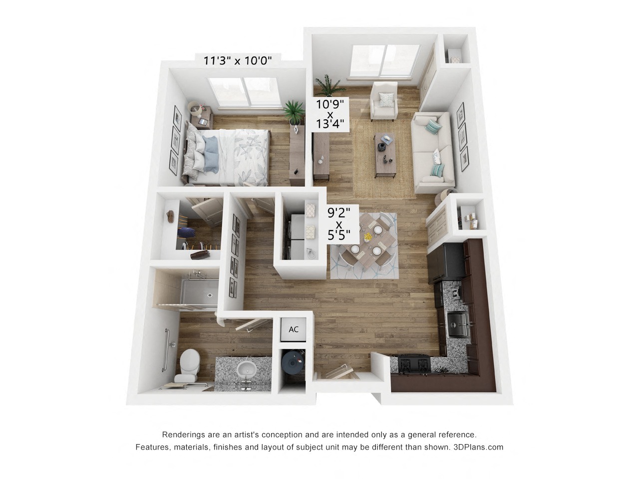 Floor plan for 1 bed, 1 bath, 650 sqft